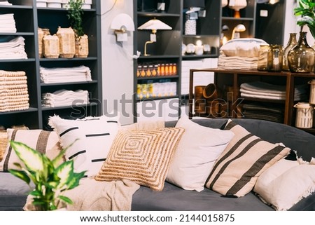 Home accessories and household products in store of shopping centre. View of home accessories for living room in shop fashion retail store. Sofa with pillows. View of assortment of decor for interior Royalty-Free Stock Photo #2144015875