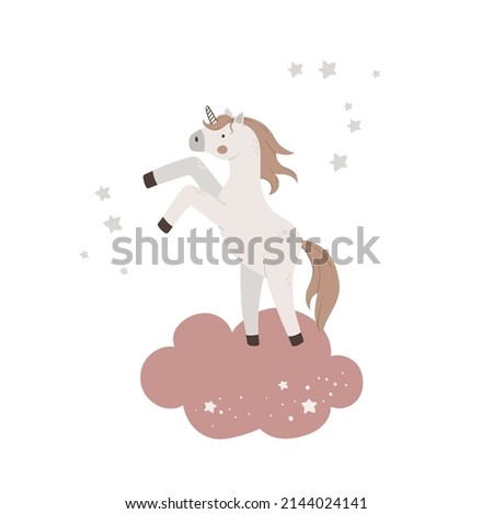 Hand drawn cute unicorn jump on cloud. Magic horn with stars vector illustration. Childish poster with fairytale animal, invitation, postcard 