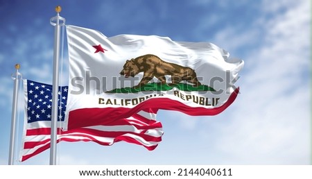 The California state flag flying along with the national flag of the United States of America. In the background there is a clear sky. The flag depicts a walking bear and a five-pointed red star