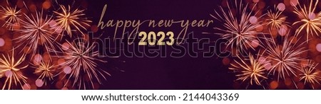 2023 Happy New Year, New Year's Eve Party, festive celebration holiday greeting card background banner panorama illustration template - Golden frame with lettering typography, fireworks	
