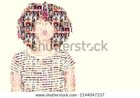 Faces of fun. Composite image of a diverse group of people superimposed on a woman's face. Royalty-Free Stock Photo #2144047237