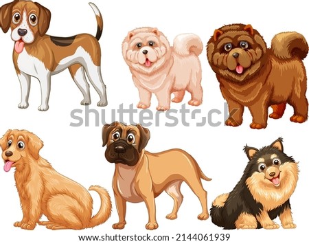 Set of different cute dogs in cartoon style illustration