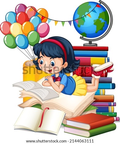A girl reading books on a stack of books illustration