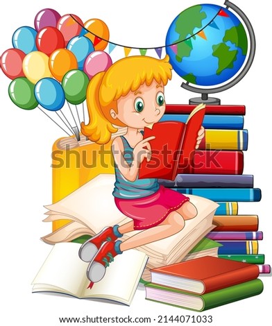 A girl reading books on a stack of books illustration