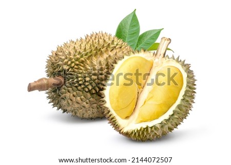 Durian fruit with cut in half and leaves  isolated on white background. Royalty-Free Stock Photo #2144072507