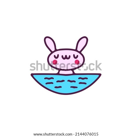 Cute bunny swimming on the sea, illustration for t-shirt, sticker, or apparel merchandise. With doodle, retro, and cartoon style.