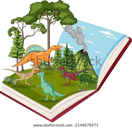 Book with scene of dinosaurs in forest illustration