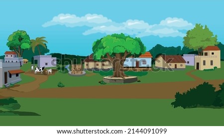 Indian Village Background Illustration, Village surrounded by mountains Royalty-Free Stock Photo #2144091099