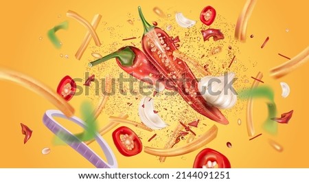 French fries with Paprika powder splashing in the middle on solid color background. Vector in 3d illustration. Food and drink concepts. Royalty-Free Stock Photo #2144091251