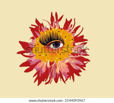 Contemporary art design. Eyeball in flower. Modern conceptual art poster with with beautiful eye in a mas surrealism style.