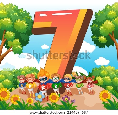 Seven kids with number seven cartoon illustration
