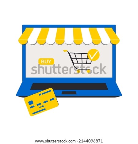 Shop online. Shopping concept with open screen laptop and credit card in modern design on white background made of yellow and blue colors. Vector.