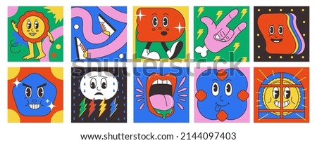 Cartoon psychedelic shapes. Abstract comic characters and shapes with vintage clip art faces. Vector square banners set. Figures with different emotions, bad weather, shouting mouth