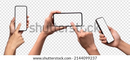 Hand holding smart phone the black smartphone smart phone with blank screen for Infographic Global Business web site design app for smart phone and advertisement  smart phone  phone Clipping Path Royalty-Free Stock Photo #2144099237