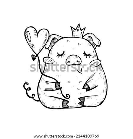 piglet with a balloon. Valentine's Day. heart balloon. cute character is drawn with liners. pig doodle illustration for printing on postcards, textiles, souvenirs. character for a children's book. gra
