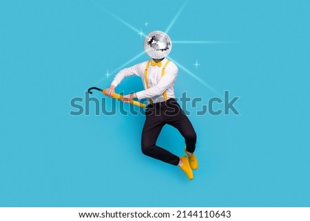 Photo picture young jumper guy have shiny disco ball instead of head performing concert neon visual effects concept