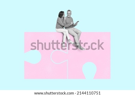 Perfect match we found love concept two aged mature people sit on big jigsaw joined puzzles meet at date agency app service find soul mate online isolated Royalty-Free Stock Photo #2144110751