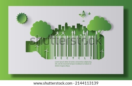 A green city and a water bottle with a barcode, the idea is to recycle old plastic bottles, think green, paper illustration, and 3d paper.