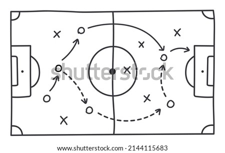 Soccer strategy field, football game tactic drawing on chalkboard. Hand drawn soccer game scheme, learning diagram with arrows and players on board, sport plan outline vector illustration Royalty-Free Stock Photo #2144115683