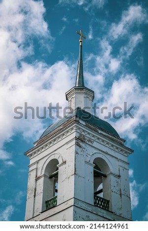 white Orthodox bell tower, Korshunovo village, Kostroma region, Russia, built in 1800