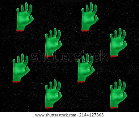 Spooky night. Modern art collage in pop-art style. Contemporary artwork in neon bold colors with hands gesturing on dark background. Psychedelic design pattern. Template with space for text.