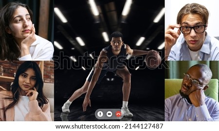 Collage. Emotive young people, man and woman watching basketball translation at home, cheering up the team. Dribbling movement. Concept of sport, emotions, team event, competition.