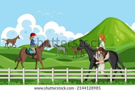 Outdoor scene with equestrian on horse illustration