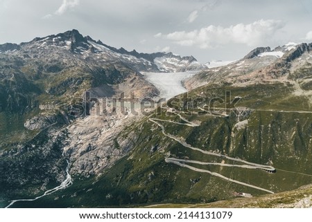 Panorama of the Susten pass, which connects Innertkirchen in the canton of Bern with Wassen in the canton of Uri, Switzerland. Interlaken and its surroundings. Royalty-Free Stock Photo #2144131079