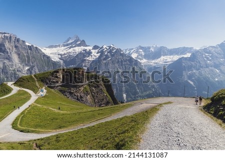 Panorama of the Susten pass, which connects Innertkirchen in the canton of Bern with Wassen in the canton of Uri, Switzerland. Interlaken and its surroundings. Royalty-Free Stock Photo #2144131087