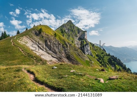 Panorama of the Susten pass, which connects Innertkirchen in the canton of Bern with Wassen in the canton of Uri, Switzerland. Interlaken and its surroundings. Royalty-Free Stock Photo #2144131089