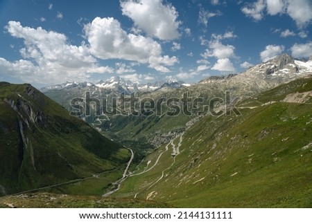 Panorama of the Susten pass, which connects Innertkirchen in the canton of Bern with Wassen in the canton of Uri, Switzerland. Interlaken and its surroundings. Royalty-Free Stock Photo #2144131111