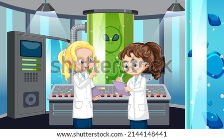 Science laboratory for chemical experiments with scientist illustration