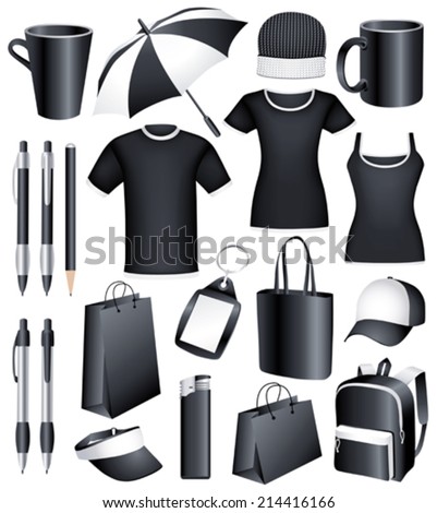 Set of black blank business corporate identity templates, gifts, packaging and souvenirs. Promotional. Vector. 