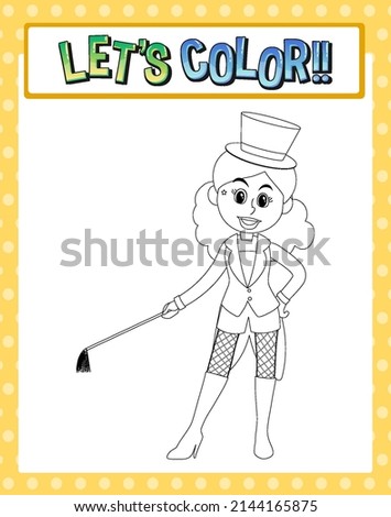 Worksheets template with let’s color!! text and Magician girl outline illustration