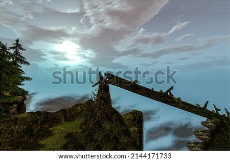 A fallen tree against the background of the nightfall sky. A tree that fell over a cliff at nightfall. Nightfall fallen tree on cliff. Fallen tree in nightfall cliff Royalty-Free Stock Photo #2144171733