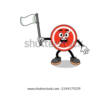 Cartoon Illustration of stop sign holding a white flag , character design