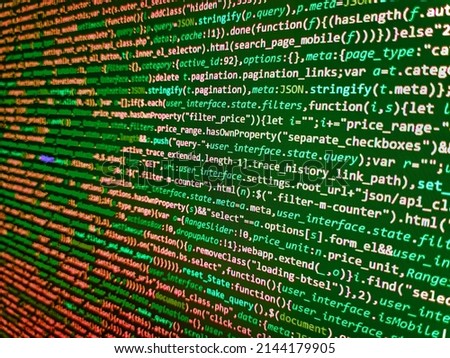 HTML and CSS code developing screenshot. Developer working on program codes in office. Template of website, selective focus. Screen of web developing code on dark background