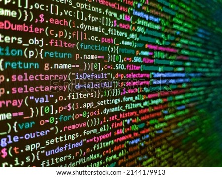 Photo of computer digital background. Modern web development background. Programmer occupation. Writing programming code on laptop. Programmer workplace