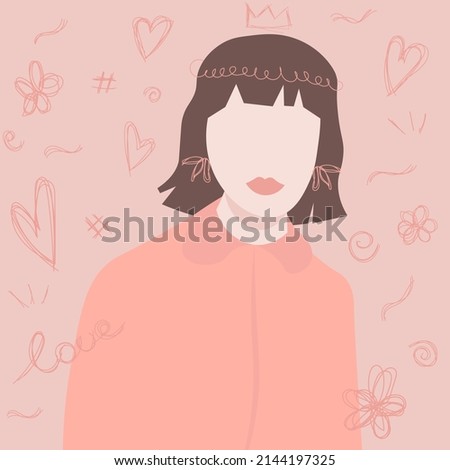 Portrait of a young romantic woman. A girl with a square haircut surrounded by elements and symbols: hearts, stars, flowers. Modern art prints in boho style. vector flat illustration