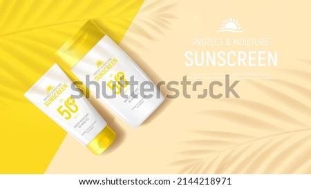 Sunscreen ad banner template. Banner with tube and jar of sunscreen on color background with shadows of tropical plants. Vector 3d ad illustration for promotion of summer goods. Royalty-Free Stock Photo #2144218971