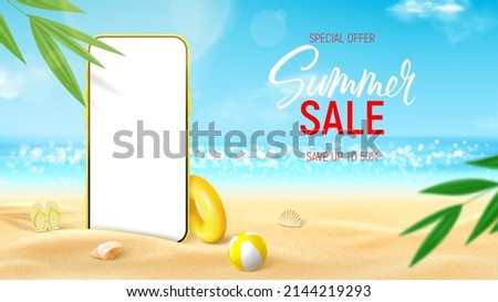 Summer sale ad banner template. Banner with smartphone on beach sand with sunglasses, tropical plant, seashells, inflatable ball and ring. Vector 3d ad illustration for promotion of summer goods.