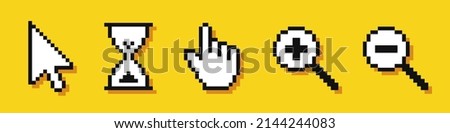 Set of pixel cursors. Cursor pointers. Arrow, hourglass, hand and magnifier. Computer mouse. 8-bit. Video game style. Vector illustration Royalty-Free Stock Photo #2144244083