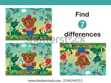 Find 7 differences educational game with a cute cartoon bear character. Vector illustration.