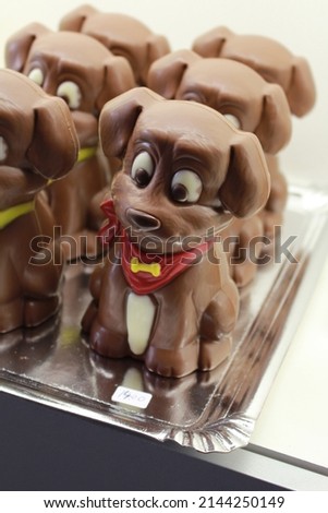 Chocolate figures in the shape of a dog (pet). Chocolate pieces to put on top of the Mona de Pascua cake. Typical tradition of the easter holidays in the Spanish and Catalan culture.