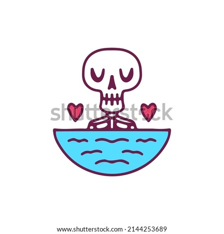 Cute skull swim on the sea, illustration for t-shirt, sticker, or apparel merchandise. With doodle, retro, and cartoon style.