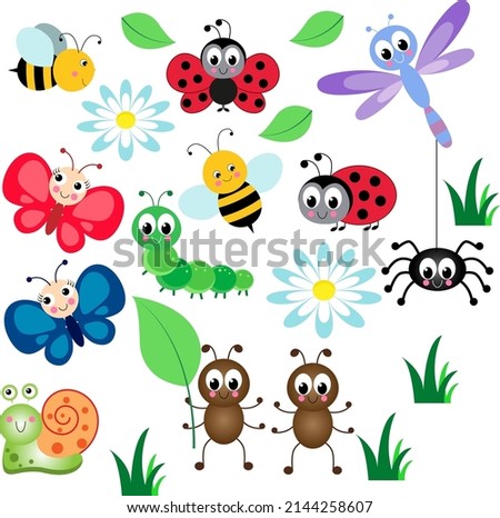 A large set with cute insects. Colorful vector illustration in a flat style. Bee, butterfly, ladybug, caterpillar, dragonfly, spider, daisy. Smiling characters for children's design.