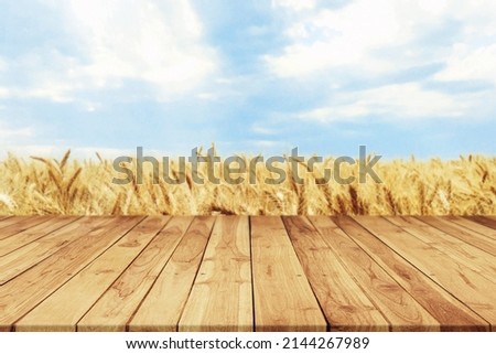 Wooden Plank Empty Table For Products Display With Blurred Wheat Field and Blue Sky Background Royalty-Free Stock Photo #2144267989