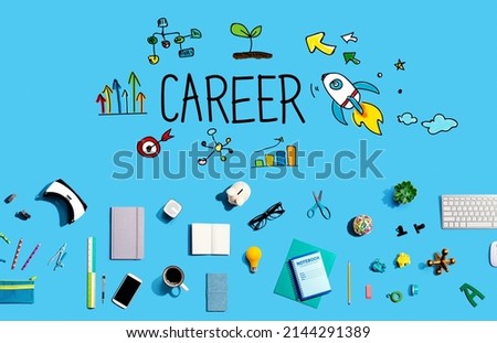 Career theme with collection of electronic gadgets and office supplies