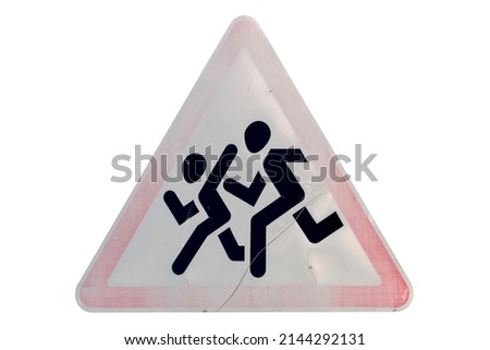 Triangular scratched red border old weather-stained road sign 'Children' isolated on white.