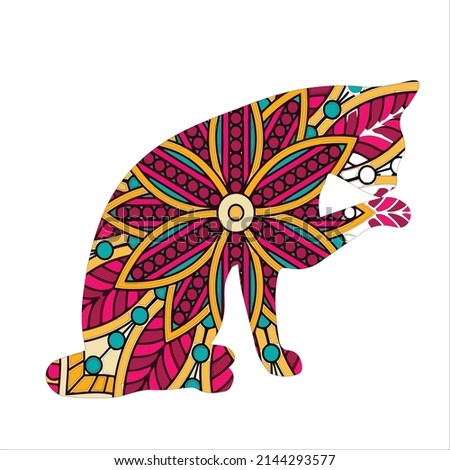 Mandala animal coloring page with  cat ,Coloring book page with floral pattern cat  ,Cat sitting  stylized, vector, illustration,  hand drawn.   t-shirt design 